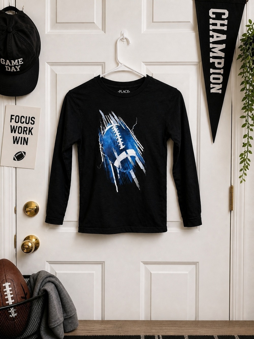 Place Black Long-Sleeve Tee with Blue Football Design